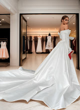 Off-The-Shoulder Court Train Satin Wedding Dresses Detachable Train-Ballbella