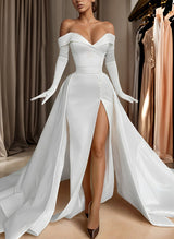 Off-The-Shoulder Court Train Satin Wedding Dresses Detachable Train-Ballbella