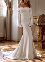 Off-The-Shoulder Long Sleeves Elastic Satin Wedding Dress-Ballbella