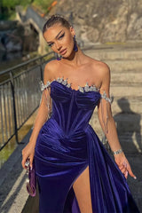 Off-the-Shoulder Mermaid Prom Dress Slit Long With beads Velvet-ballbellauk
