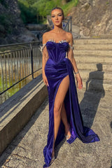 Off-the-Shoulder Mermaid Prom Dress Slit Long With beads Velvet-ballbellauk