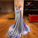 One shoudler Light Blue Sparkle A-line High Split Prom Dresses-Ballbella