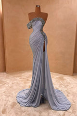 One shoulder Cap Sleeves Gray High Split Floor length Prom Dresses-Ballbella