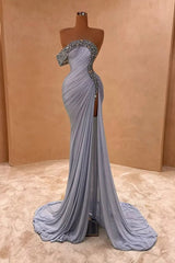 One shoulder Cap Sleeves Gray High Split Floor length Prom Dresses-Ballbella