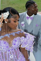 One shoulder Long sleeves Lilac High Split Sequin Flowers Prom Dresses-Ballbella