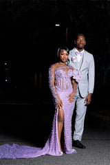 One shoulder Long sleeves Lilac High Split Sequin Flowers Prom Dresses-Ballbella