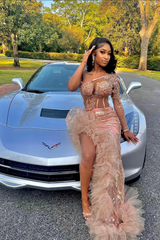 One shoulder Long sleeves Ruffles High Split Pink Prom Dresses-Ballbella