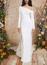 One-Shoulder Sheath Fitted Wedding Dress Long Sleeves Sweep Train-Ballbella