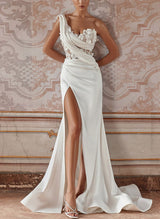 One-Shoulder Sleeveless Satin Wedding Dresses High Split-Ballbella