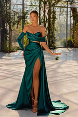 One shoulder Sweetheart Unique Dark Green High Split Prom Dresses-Ballbella