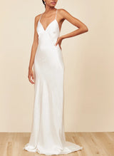 Open Back Silk Like Satin Wedding Dresses Spaghetti Straps-Ballbella