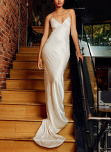 Open Back Silk Like Satin Wedding Dresses Spaghetti Straps-Ballbella