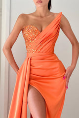 Orange Mermaid Prom Dress Long Slit With Beads Sleeveless-ballbellauk
