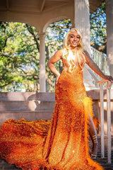 Orange Sleeveless Beaded Sequin Feathers Prom Dresses-Ballbella