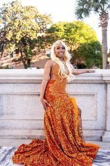 Orange Sleeveless Beaded Sequin Feathers Prom Dresses-Ballbella