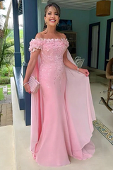 Pearl Pink Off the shoulder Cap sleeves Column Flowers Prom Dresses-Ballbella