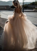 Pink Romantic Long Sleeves Off-The-Shoulder Wedding Dresses Lace-Ballbella