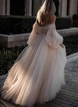 Pink Romantic Long Sleeves Off-The-Shoulder Wedding Dresses Lace-Ballbella