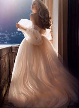 Pink Romantic Long Sleeves Off-The-Shoulder Wedding Dresses Lace-Ballbella