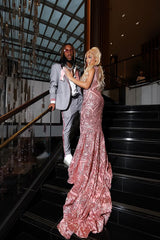 Pink Sequined Column Silver Beaded V-neck Prom Dresses-Ballbella