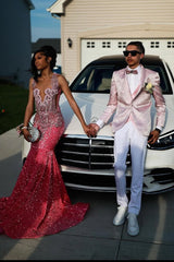 Pink V-neck Sparkle sequin Mermaid Court Train Prom Dresses-Ballbella