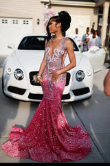 Pink V-neck Sparkle sequin Mermaid Court Train Prom Dresses-Ballbella