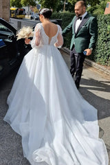 Princess Long V-Neck Long Lace Bridal Gowns On Sale With Long Sleevess-ballbellauk