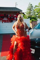 Red Ruffles High Split Sleeveless Mermaid Long Prom Dresses-Ballbella