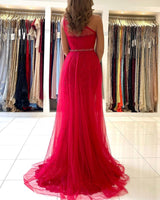 Red Tulle Prom Dress Long Mermaid Appliques Evening Gown With SPlit One Shoulder-ballbellauk