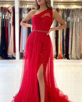 Red Tulle Prom Dress Long Mermaid Appliques Evening Gown With SPlit One Shoulder-ballbellauk