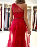 Red Tulle Prom Dress Long Mermaid Appliques Evening Gown With SPlit One Shoulder-ballbellauk