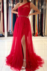 Red Tulle Prom Dress Long Mermaid Appliques Evening Gown With SPlit One Shoulder-ballbellauk