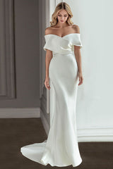 Retro White Wedding Dress With Train Satin Off The Shoulder Pleated Mermaid Bridal Gowns-Ballbella