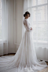 Romantic Long sleeves White Lace Flowers A-line Wedding Dresses-Ballbella