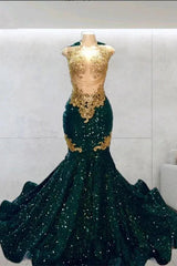 Round neck Dark Green Mermaid Court Train Sleeveless Prom Dresses-Ballbella