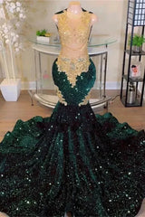 Round neck Dark Green Mermaid Court Train Sleeveless Prom Dresses-Ballbella