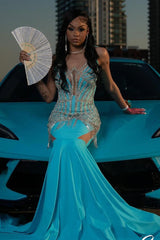 Round neck Silver Beaded Blue Mermaid Floor length Prom Dresses-Ballbella