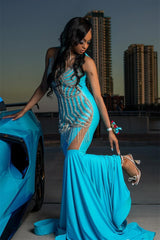 Round neck Silver Beaded Blue Mermaid Floor length Prom Dresses-Ballbella