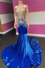 Royal Blue Halter Sleeveless Mermaid Prom Dresses With Beadings Velvet-Ballbella