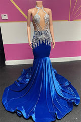 Royal Blue Halter Sleeveless Mermaid Prom Dresses With Beadings Velvet-Ballbella
