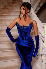 Royal Blue Long Velvet Beadings Sleeveless Mermaid Prom Dresses-ballbellauk