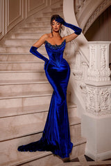 Royal Blue Long Velvet Beadings Sleeveless Mermaid Prom Dresses-ballbellauk