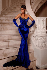 Royal Blue Long Velvet Beadings Sleeveless Mermaid Prom Dresses-ballbellauk