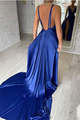Royal Blue Sleeveless Prom Dress Mermaid Slit V-Neck-ballbellauk
