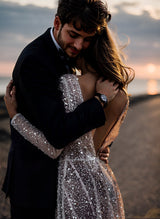 Sequin V-Neck Long Sleeves Boho Garden Wedding Dress Sweep Train-Ballbella