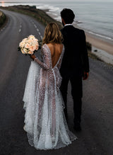 Sequin V-Neck Long Sleeves Boho Garden Wedding Dress Sweep Train-Ballbella