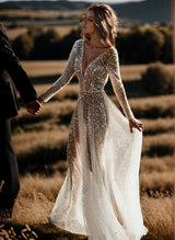 Sequin V-Neck Long Sleeves Boho Garden Wedding Dress Sweep Train-Ballbella