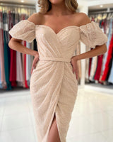 Sequins Short Prom Dress Split Ball DressesOff-the-Shoulder-ballbellauk