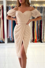 Sequins Short Prom Dress Split Ball DressesOff-the-Shoulder-ballbellauk