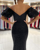 Shinning Black Mermaid Sequins Prom Dress Long Split Off-the-Shoulder-ballbellauk